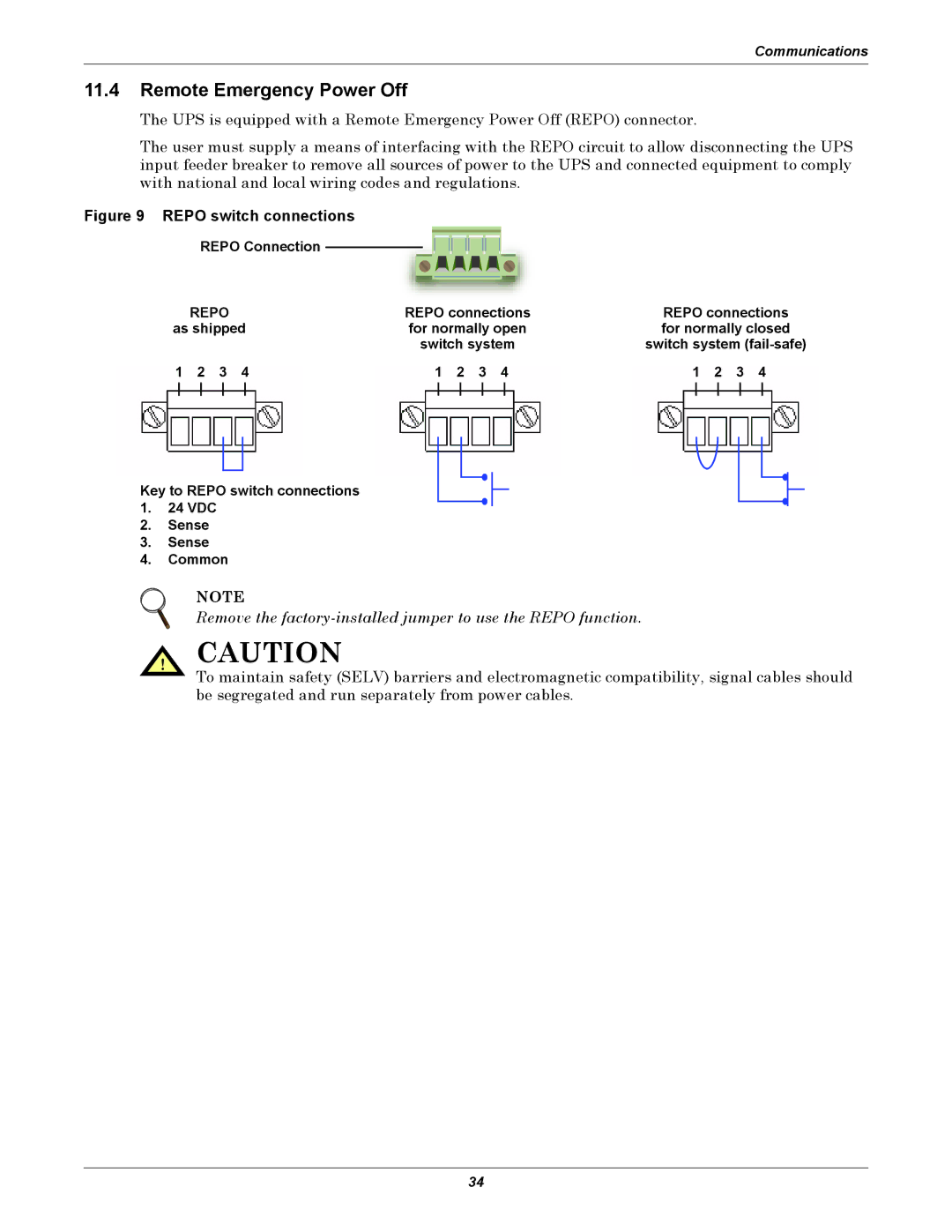 Emerson GXT2-10000RT208 Remote Emergency Power Off, Repo Connection, Key to Repo switch connections 1 VDC Sense Common 