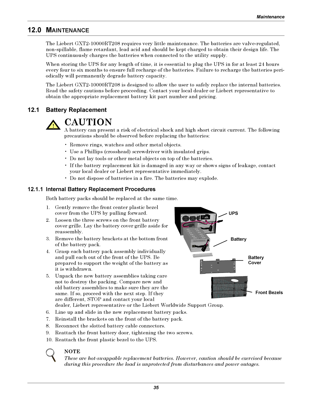 Emerson GXT2-10000RT208 user manual Maintenance, Internal Battery Replacement Procedures, Battery Cover Front Bezels 