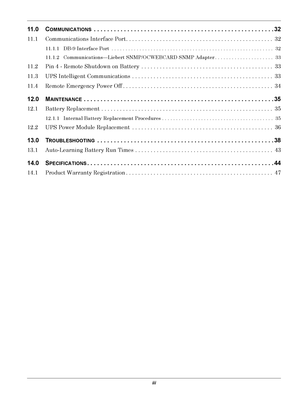 Emerson GXT2-10000RT208 user manual Communications, Maintenance, Troubleshooting, Specifications 