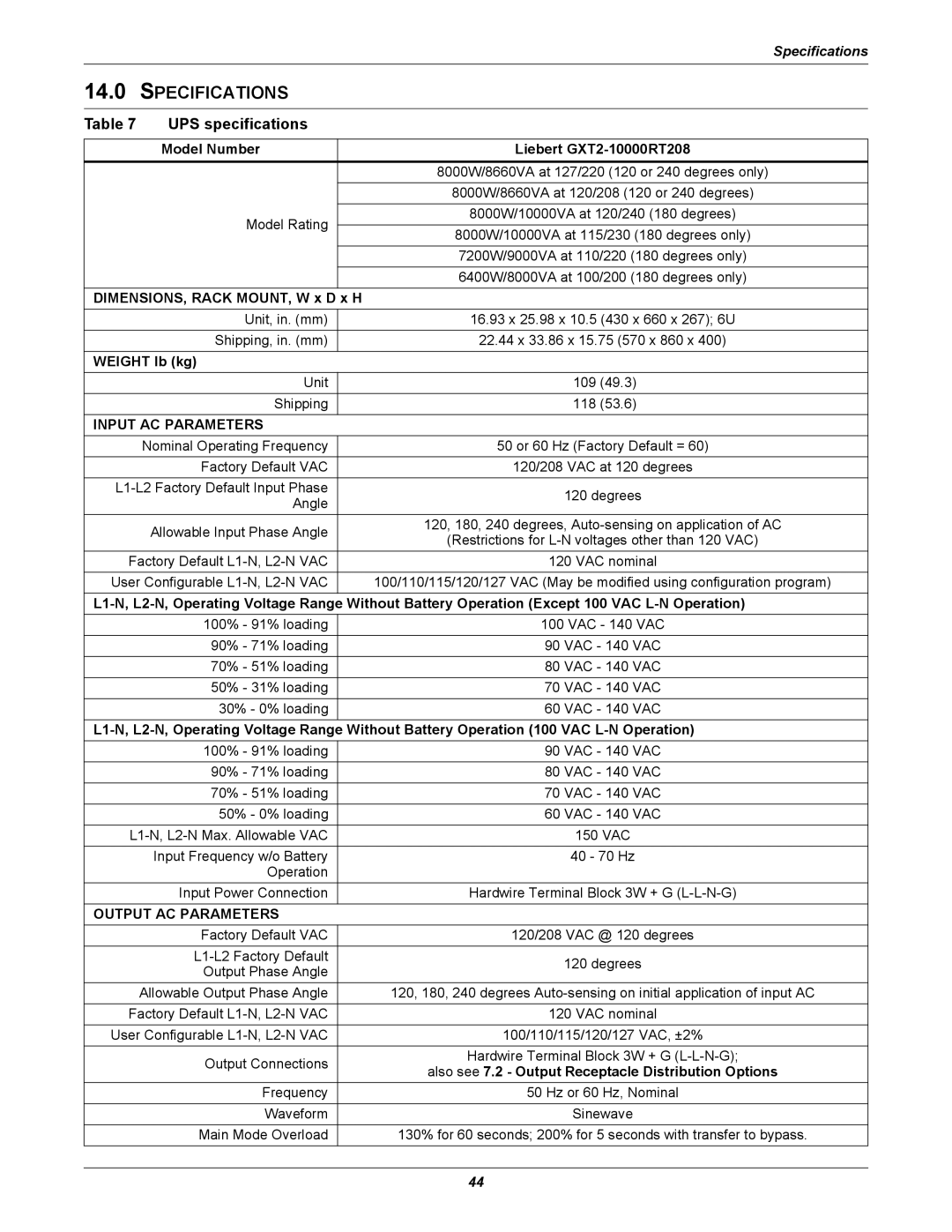 Emerson GXT2-10000RT208 user manual Specifications, UPS specifications 