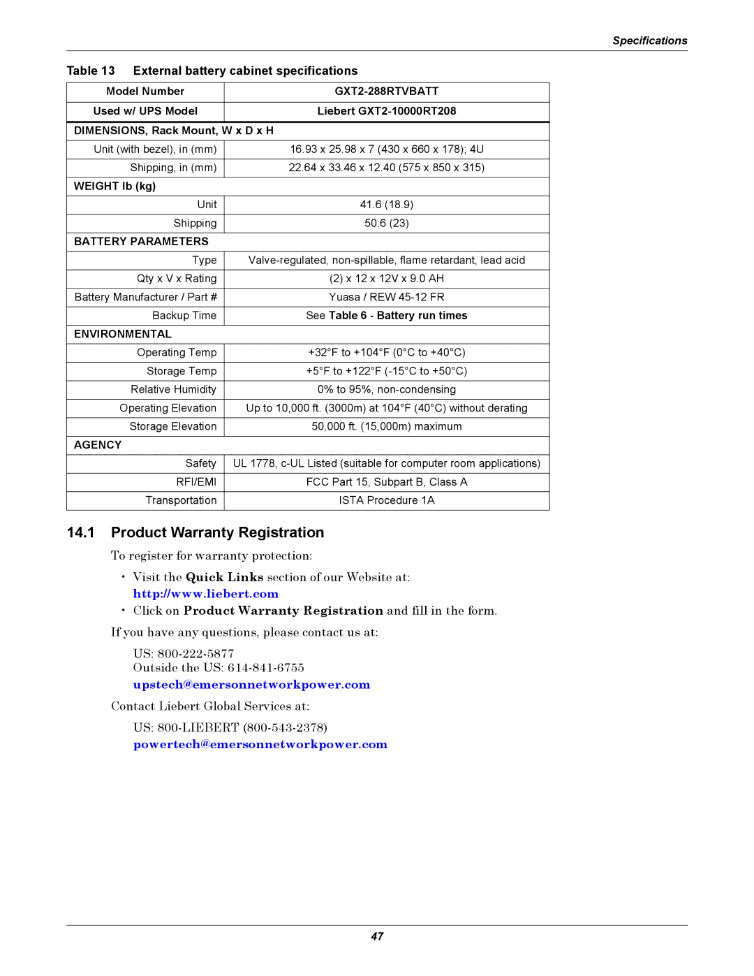 Emerson GXT2-10000RT208 user manual Product Warranty Registration, External battery cabinet specifications, Model Number 