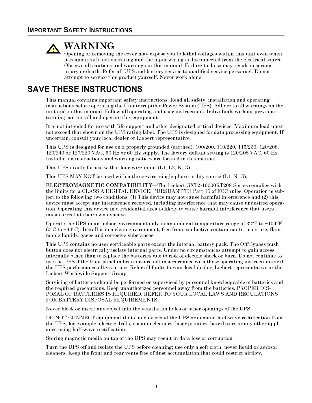 Emerson GXT2-10000RT208 user manual Important Safety Instructions 