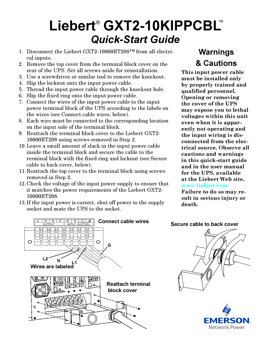 Emerson quick start Liebert GXT2-10KIPPCBL, Quick-Start Guide 