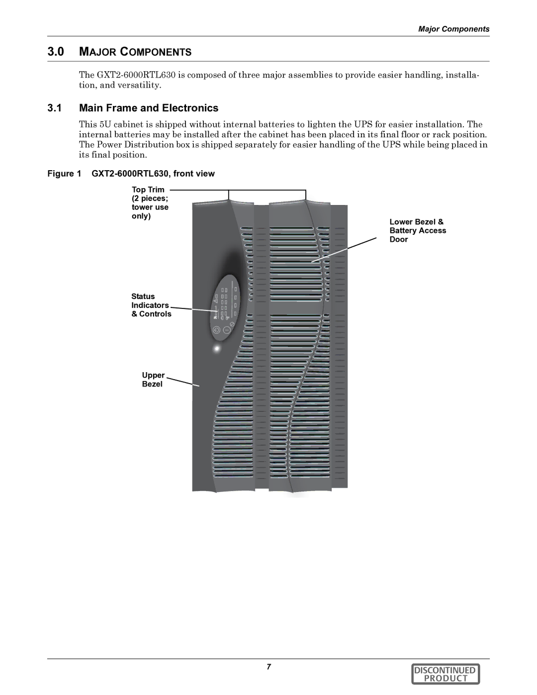 Emerson GXT2-6000RTL630 user manual Main Frame and Electronics, Major Components, Upper Bezel 