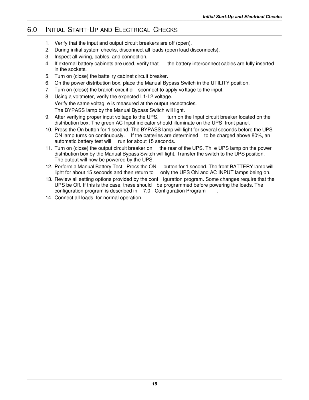 Emerson GXT2-6000RTL630 user manual Initial START-UP and Electrical Checks 