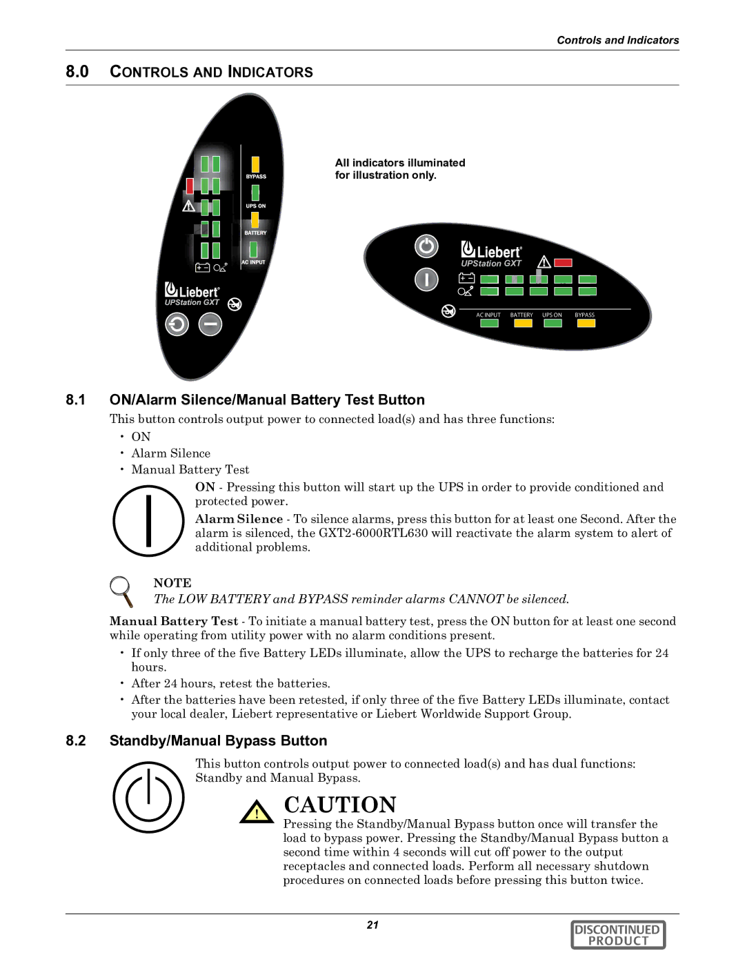 Emerson GXT2-6000RTL630 ON/Alarm Silence/Manual Battery Test Button, Standby/Manual Bypass Button, Controls and Indicators 