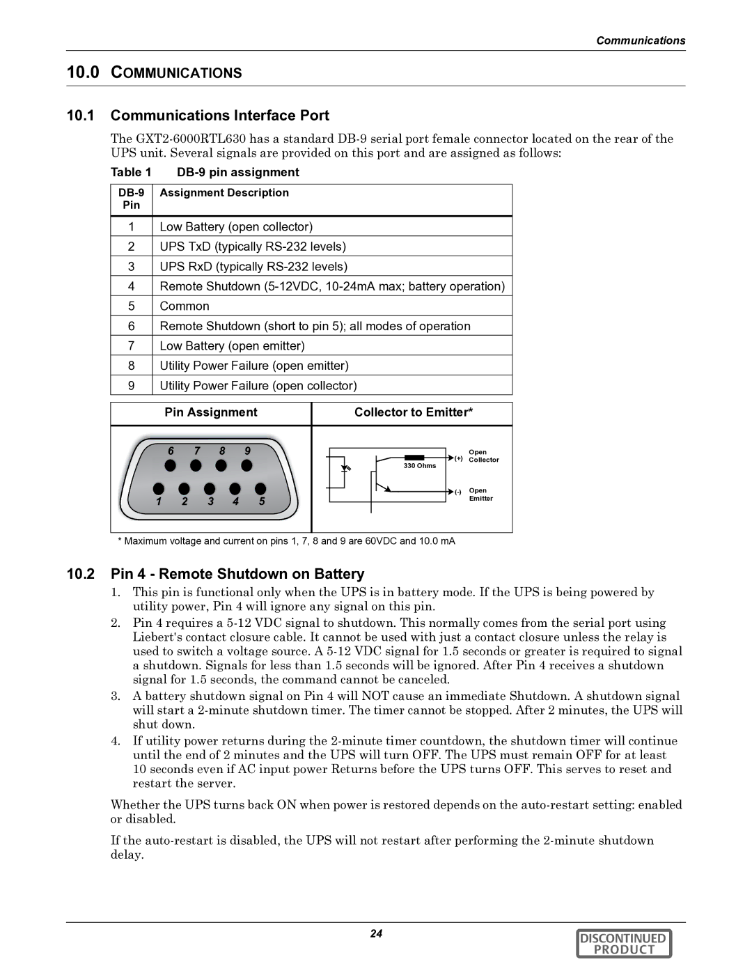 Emerson GXT2-6000RTL630 user manual Communications Interface Port, Pin 4 Remote Shutdown on Battery, DB-9 pin assignment 