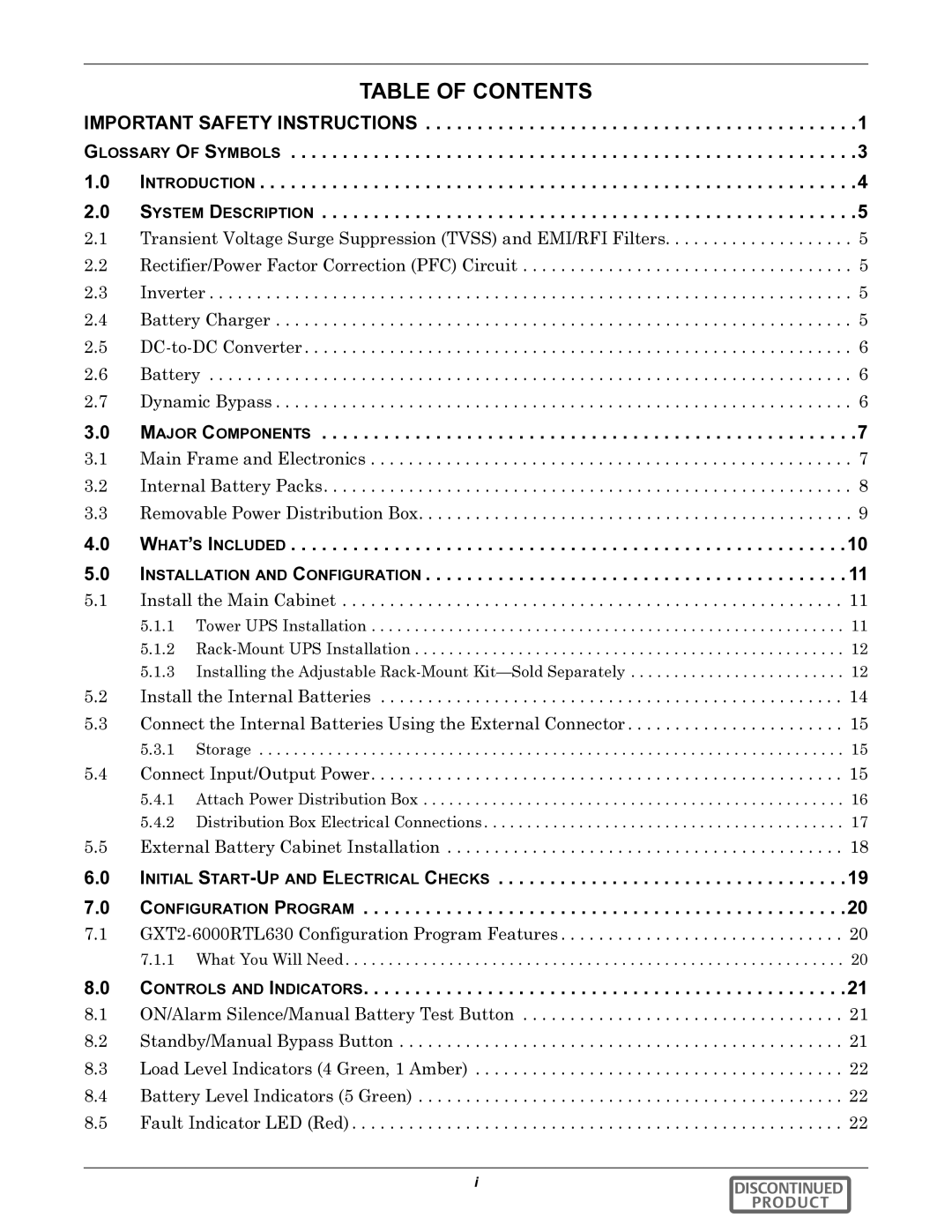 Emerson GXT2-6000RTL630 user manual Table of Contents 