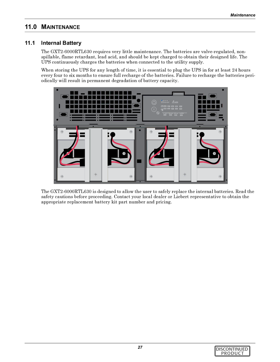 Emerson GXT2-6000RTL630 user manual Internal Battery, Maintenance 