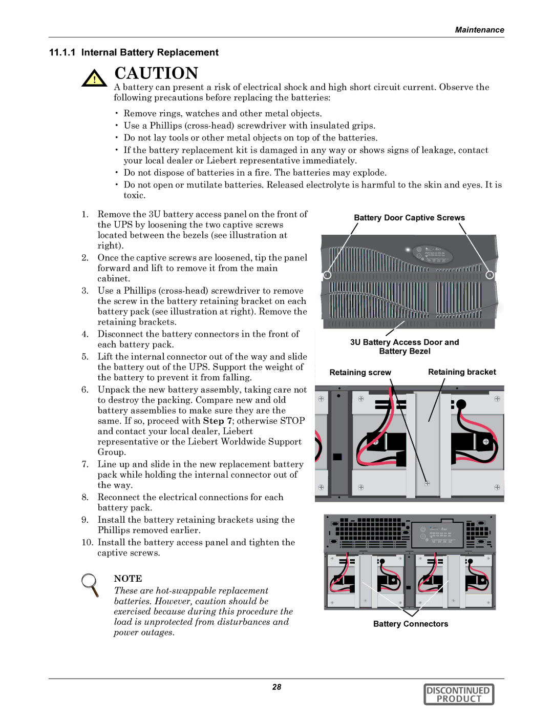 Emerson GXT2-6000RTL630 user manual Internal Battery Replacement, Battery Door Captive Screws 3U Battery Access Door 