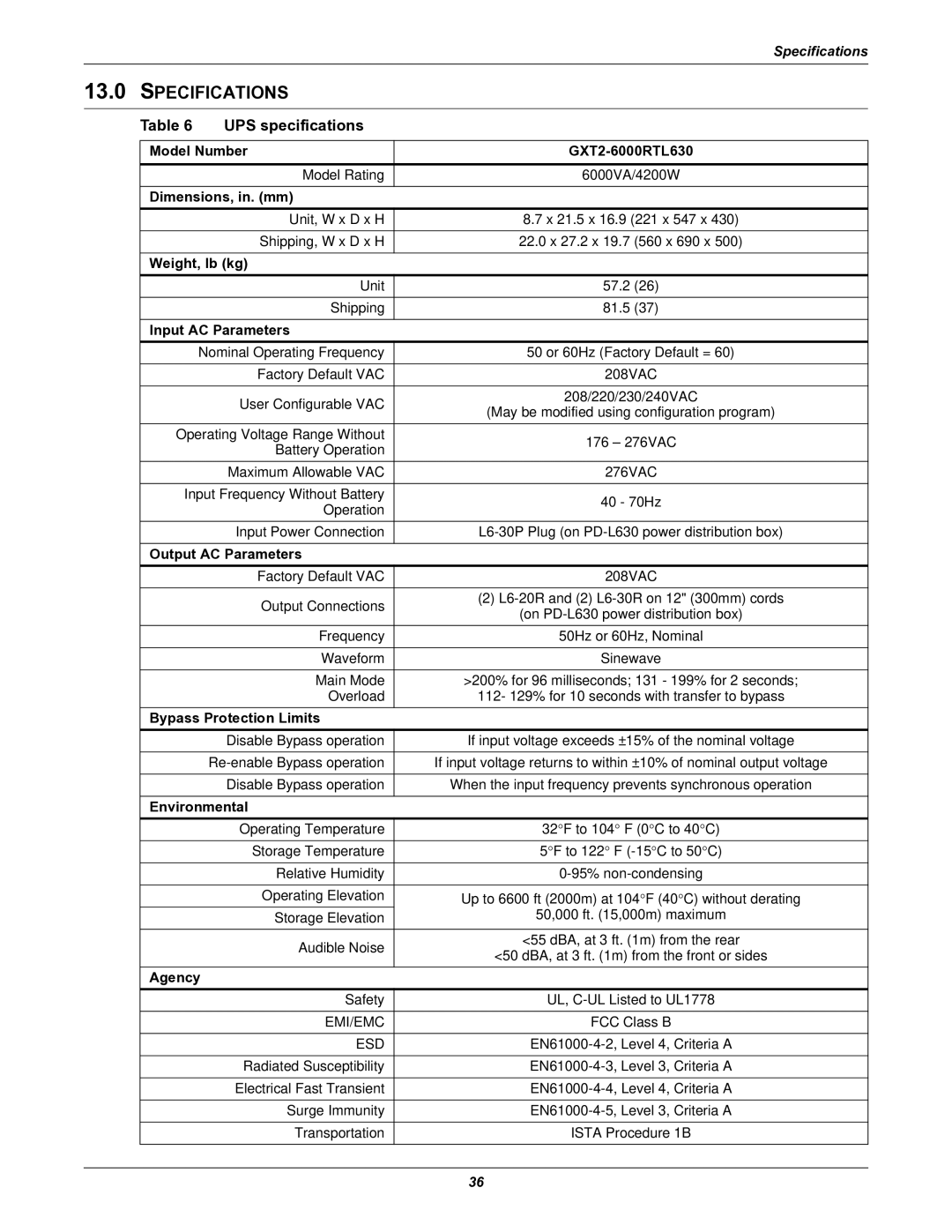 Emerson GXT2-6000RTL630 user manual Specifications, UPS specifications 