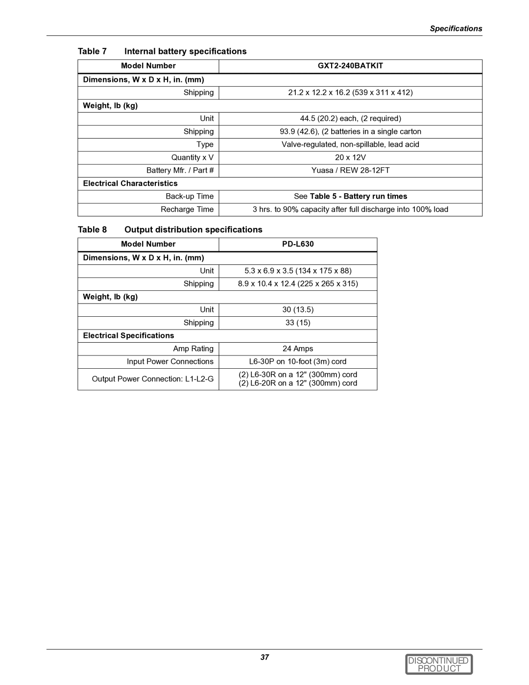 Emerson GXT2-6000RTL630 user manual Internal battery specifications, Output distribution specifications 