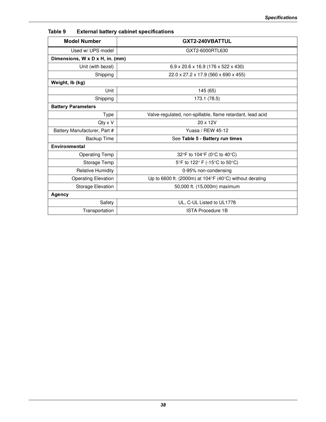 Emerson GXT2-6000RTL630 user manual External battery cabinet specifications, Model Number, Battery Parameters 