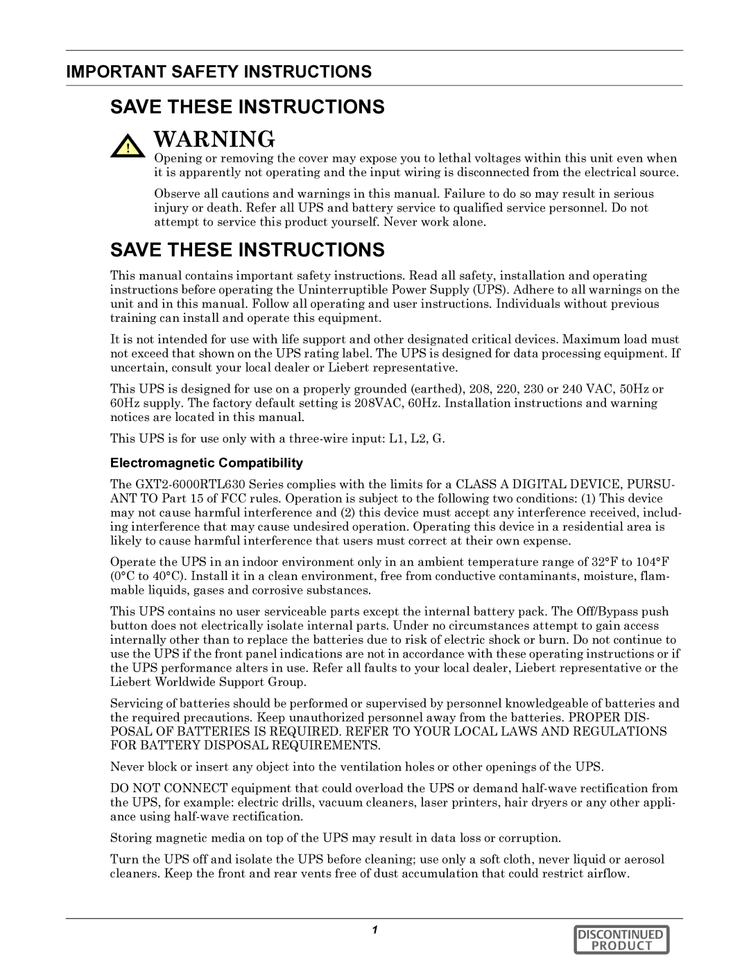 Emerson GXT2-6000RTL630 user manual Important Safety Instructions, Electromagnetic Compatibility 