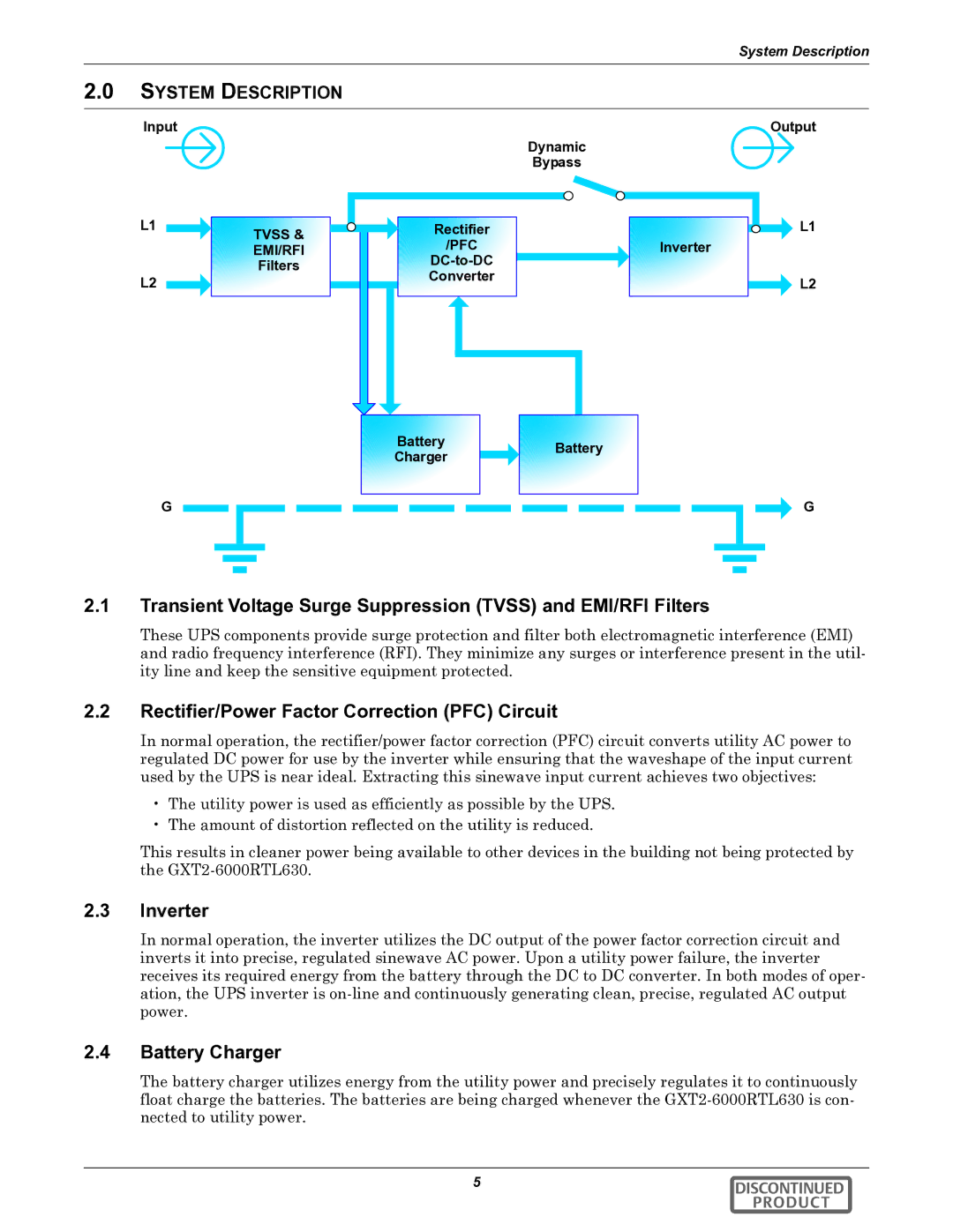Emerson GXT2-6000RTL630 Rectifier/Power Factor Correction PFC Circuit, Inverter, Battery Charger, System Description 