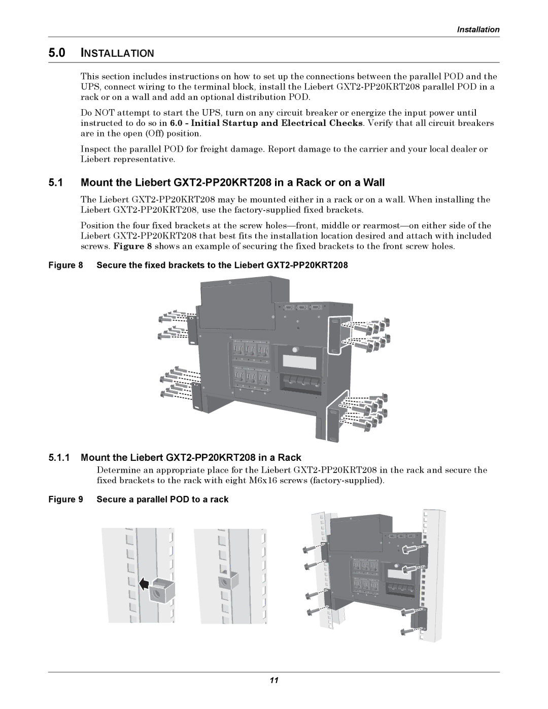 Emerson user manual Mount the Liebert GXT2-PP20KRT208 in a Rack or on a Wall, Installation 