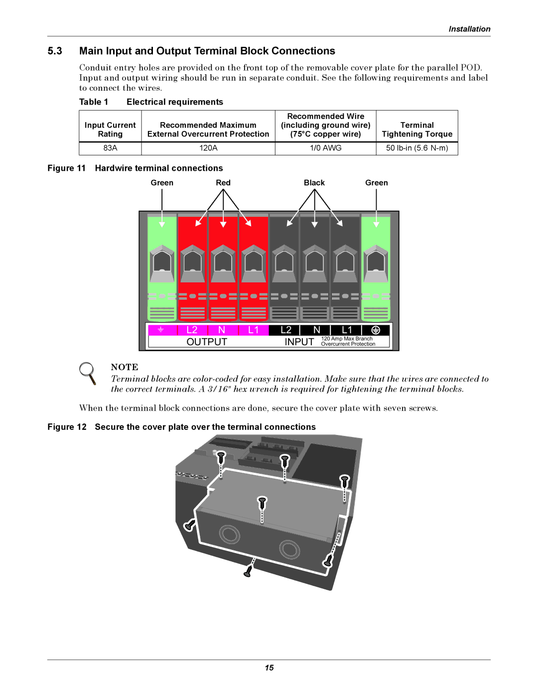 Emerson GXT2-PP20KRT208 user manual Main Input and Output Terminal Block Connections, Electrical requirements 