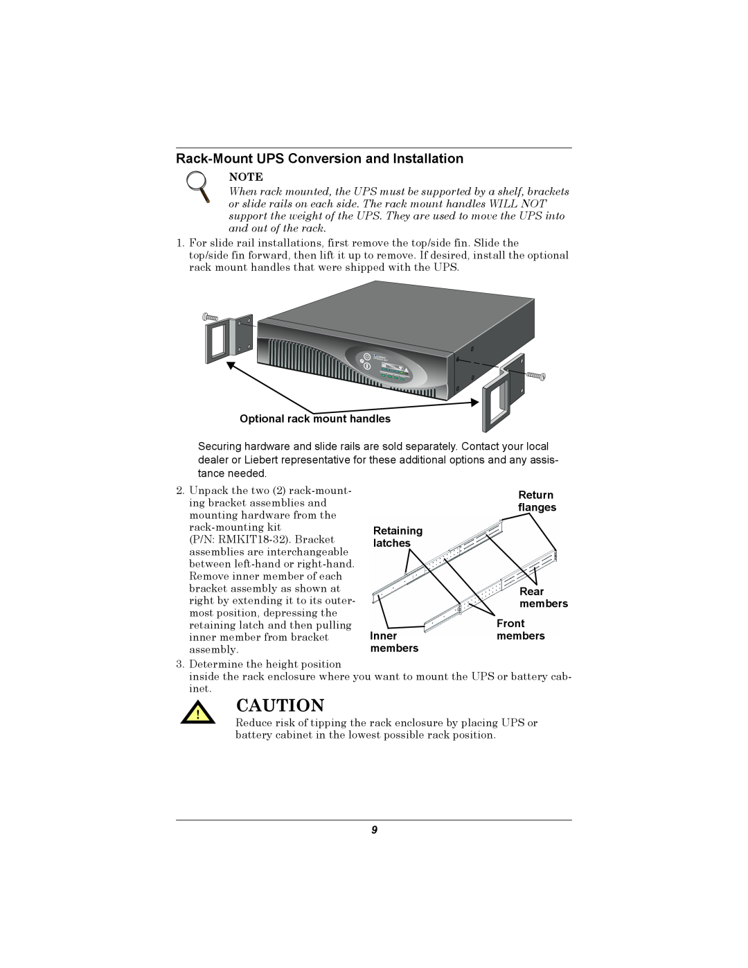 Emerson GXT2U Rack-Mount UPS Conversion and Installation, Optional rack mount handles, Retaining latches Inner members 