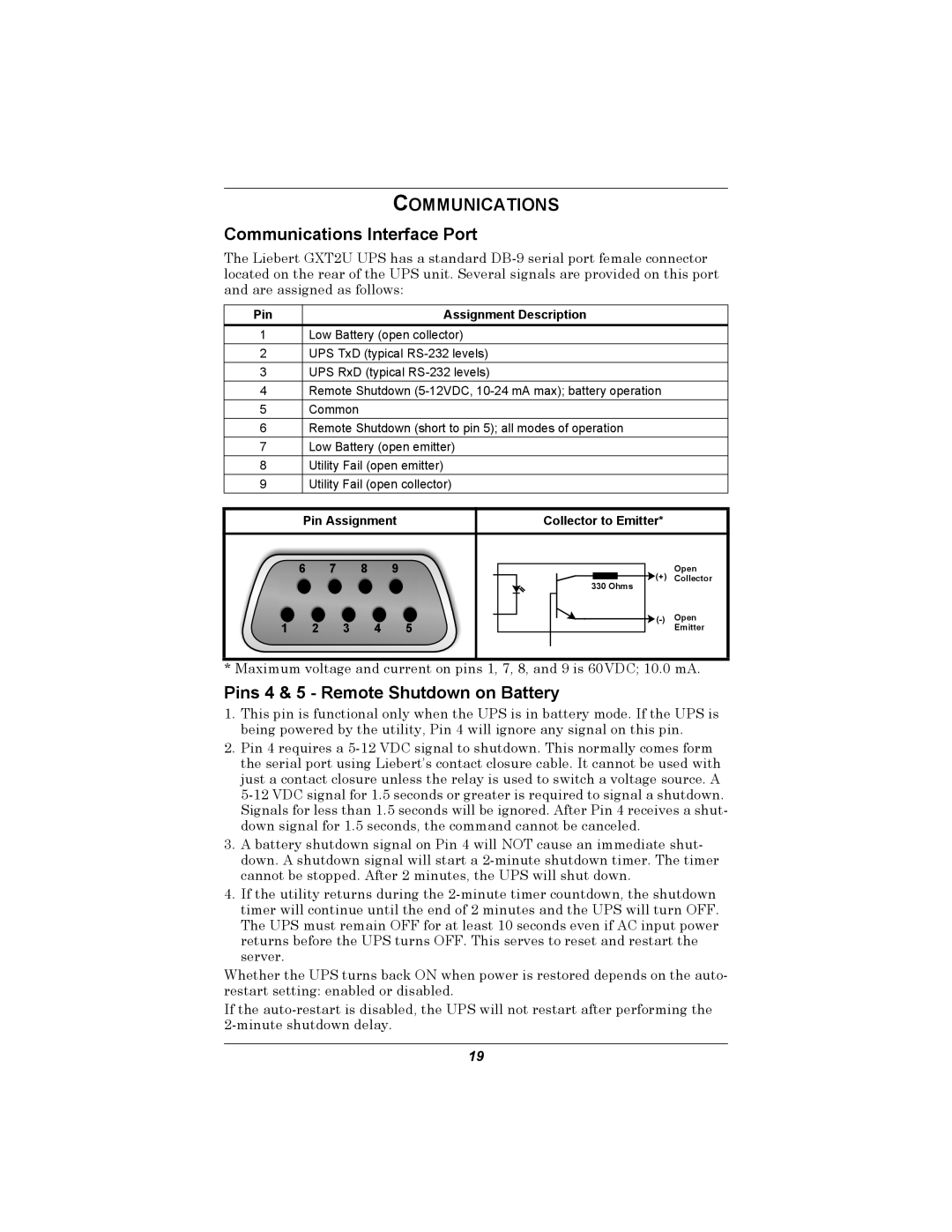 Emerson GXT2U user manual COMMUNICATIONS Communications Interface Port, Pins 4 & 5 - Remote Shutdown on Battery 