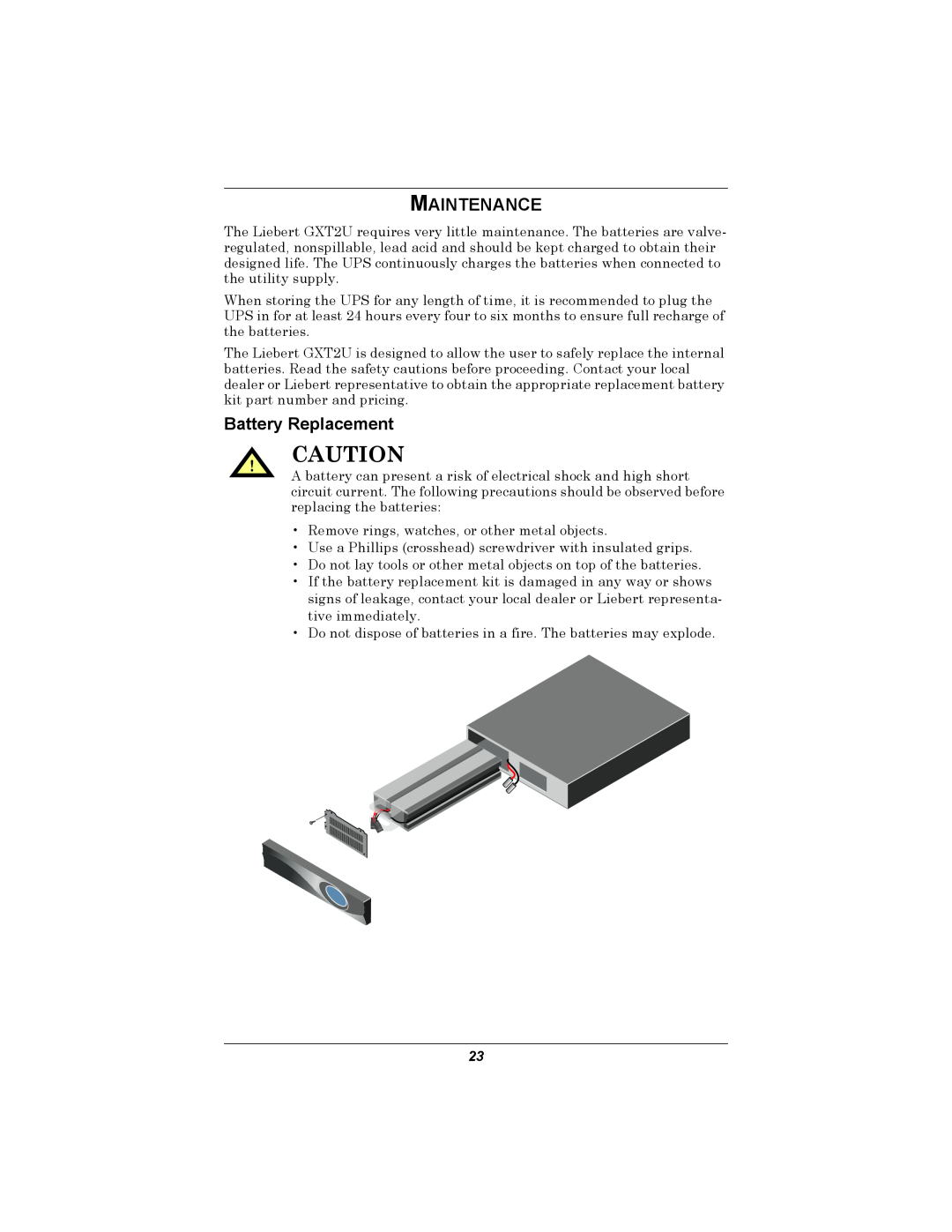 Emerson GXT2U user manual Maintenance, Battery Replacement 