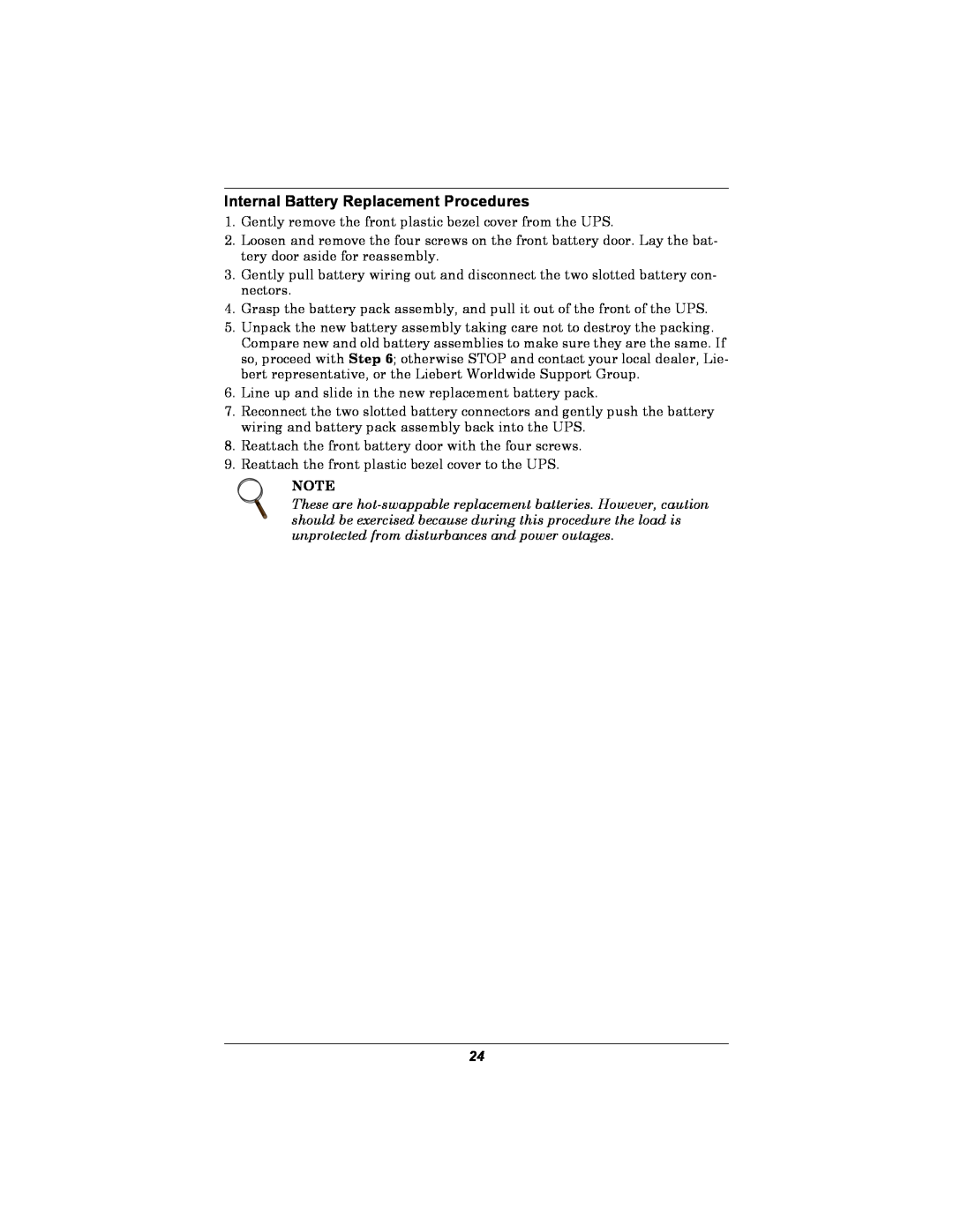 Emerson GXT2U user manual Internal Battery Replacement Procedures 