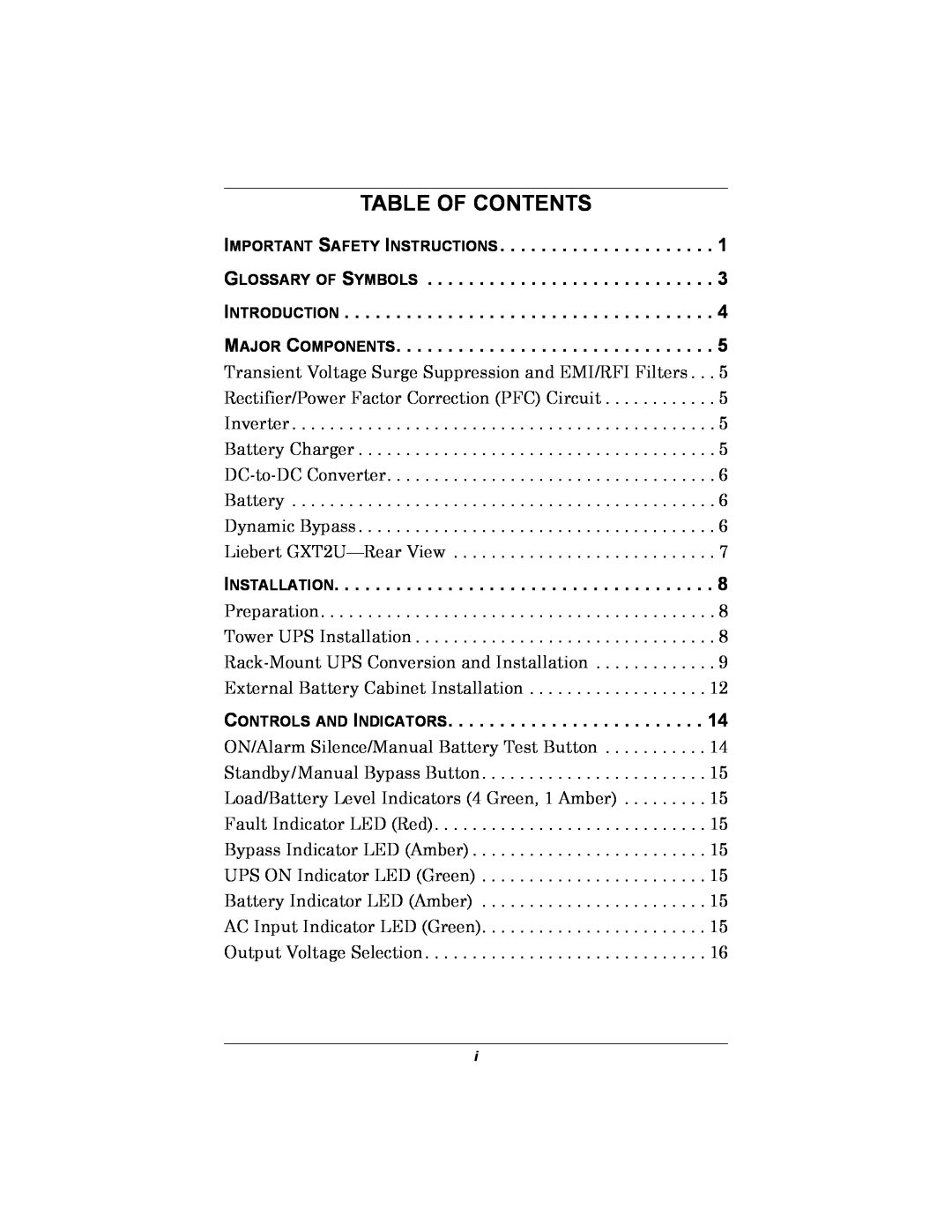Emerson GXT2U Table Of Contents, Important Safety Instructions Glossary Of Symbols Introduction, Major Components 