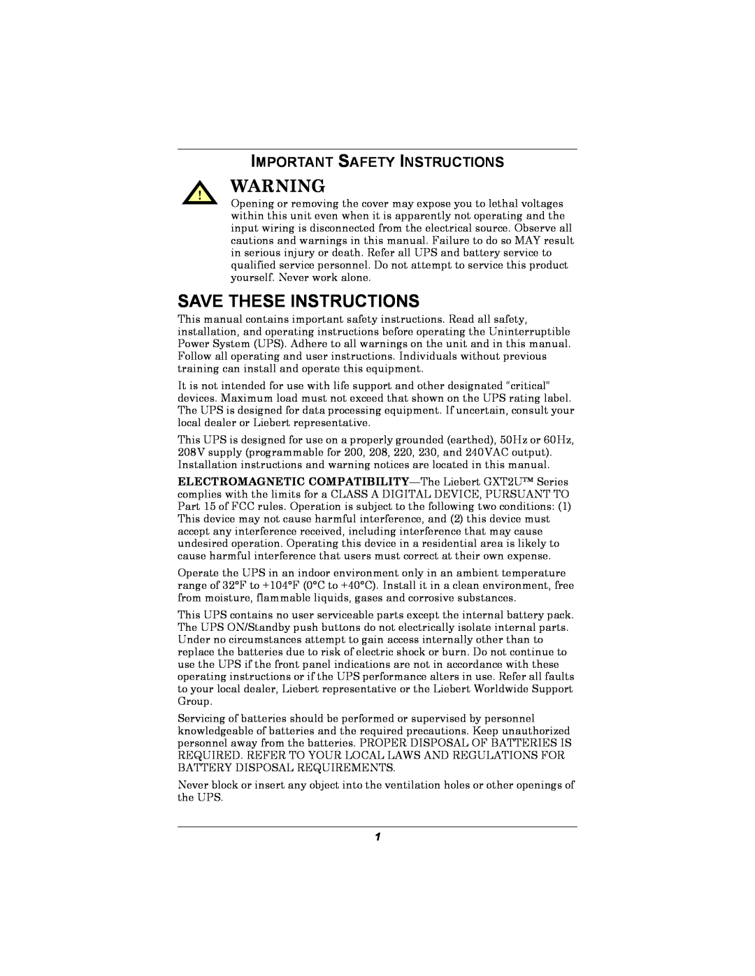 Emerson GXT2U user manual Save These Instructions, Important Safety Instructions 