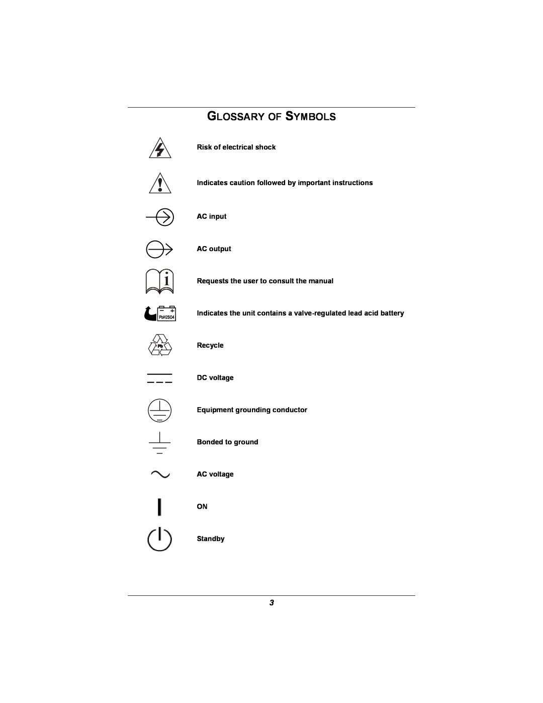 Emerson GXT2U Glossary Of Symbols, Risk of electrical shock, Indicates caution followed by important instructions AC input 