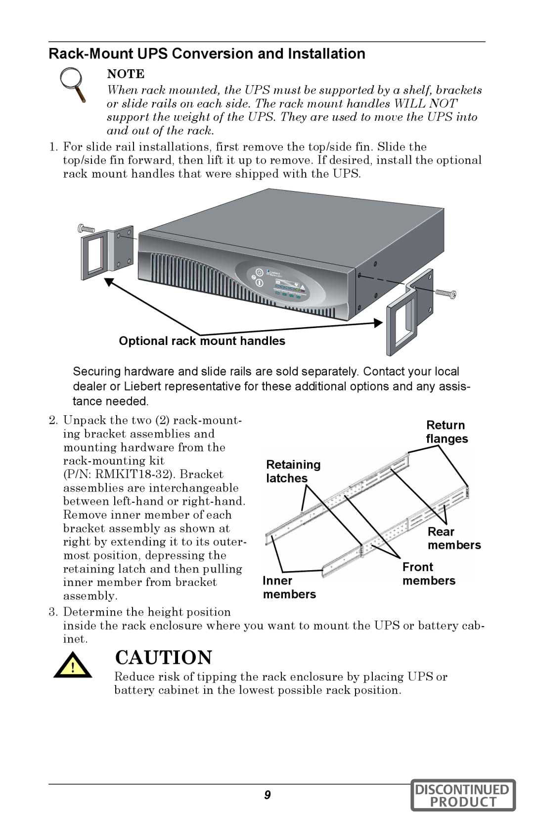 Emerson GXT2U user manual Rack-Mount UPS Conversion and Installation, Optional rack mount handles 