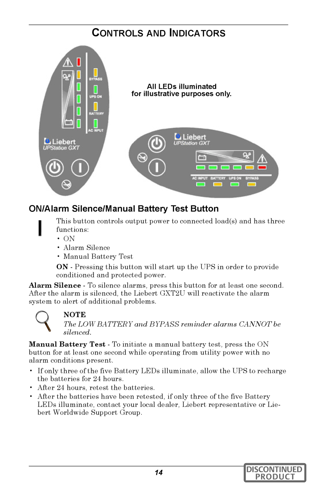 Emerson GXT2U user manual Controls and Indicators, ON/Alarm Silence/Manual Battery Test Button 