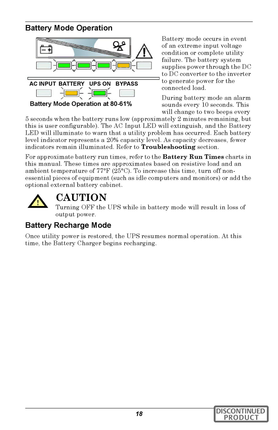 Emerson GXT2U user manual Battery Mode Operation, Battery Recharge Mode 