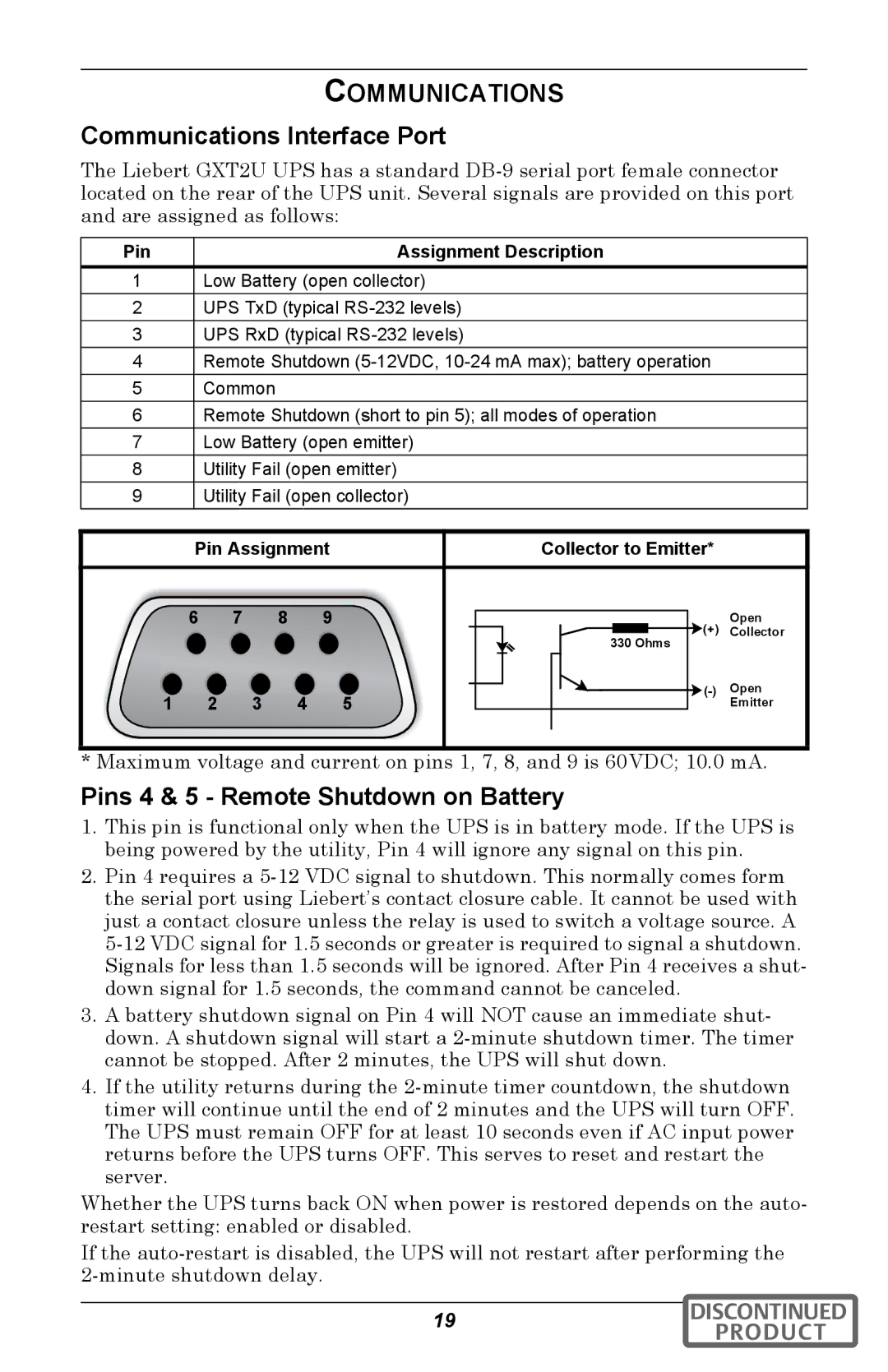 Emerson GXT2U Communications Interface Port, Pins 4 & 5 Remote Shutdown on Battery, Pin Assignment Description 