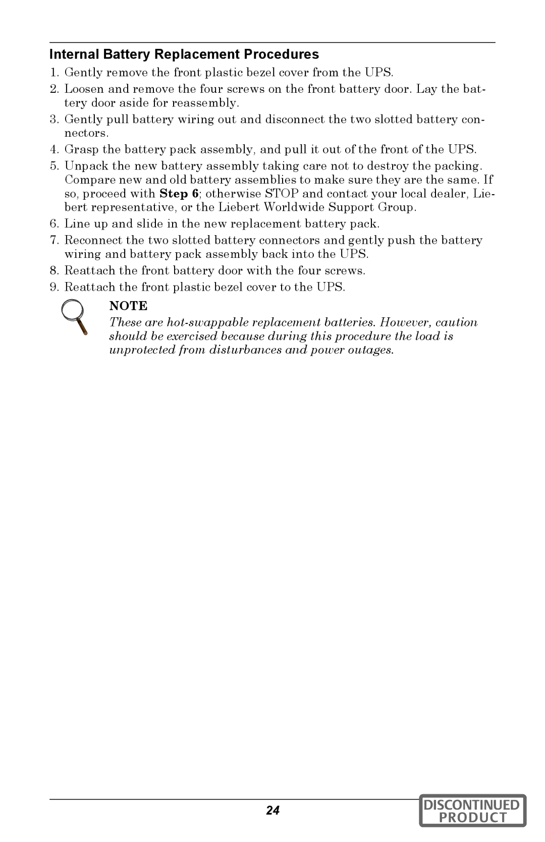 Emerson GXT2U user manual Internal Battery Replacement Procedures 