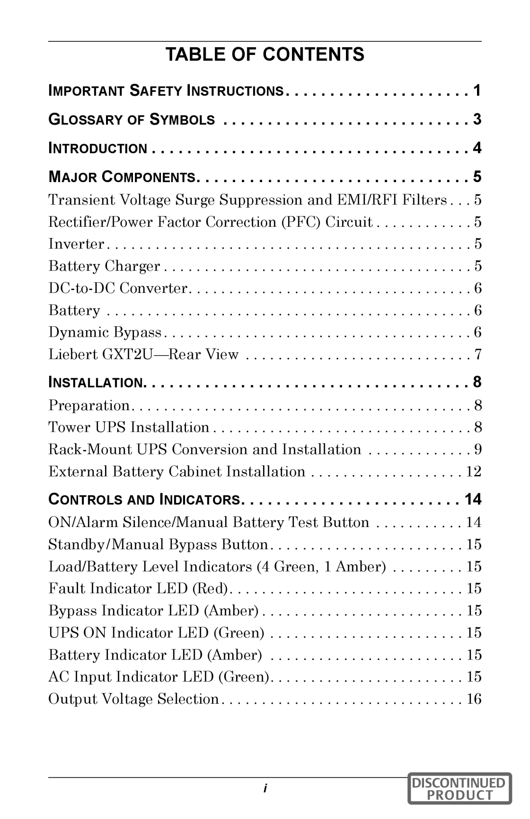 Emerson GXT2U user manual Table of Contents 