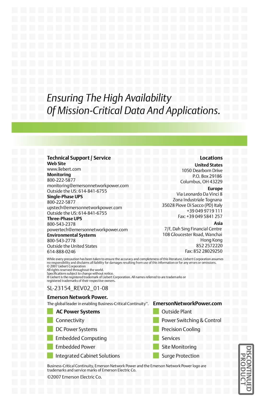 Emerson GXT2U user manual Technical Support / Service, Locations, Emerson Network Power 