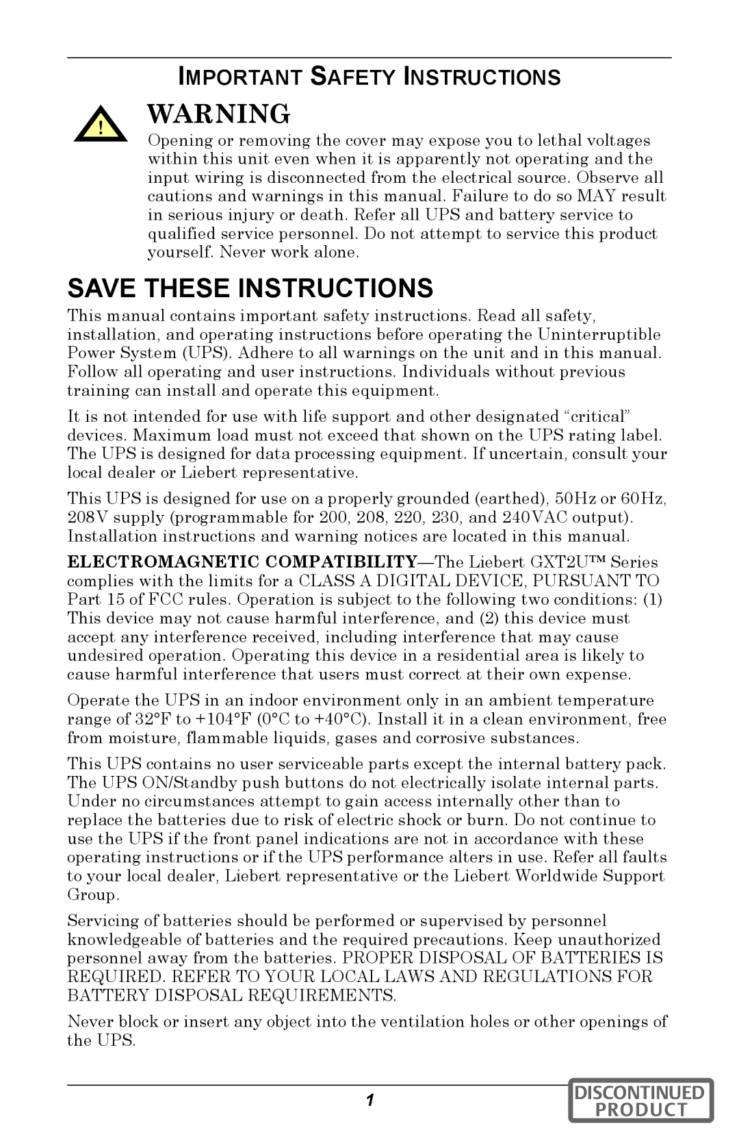 Emerson GXT2U user manual Important Safety Instructions 