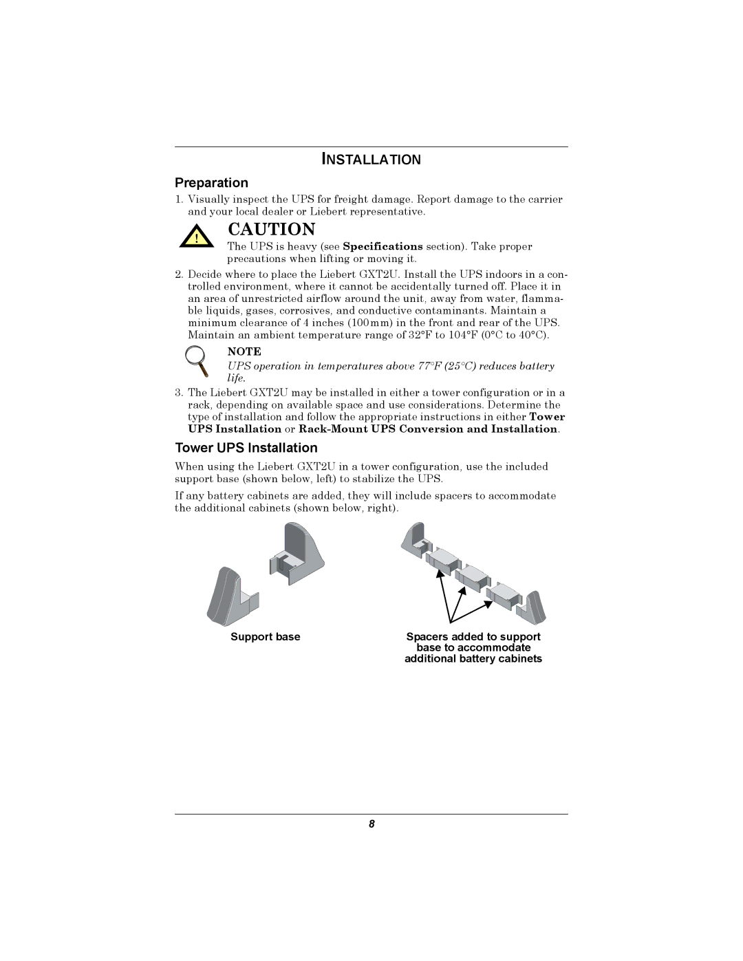 Emerson GXT2U user manual Preparation, Tower UPS Installation, Base to accommodate 