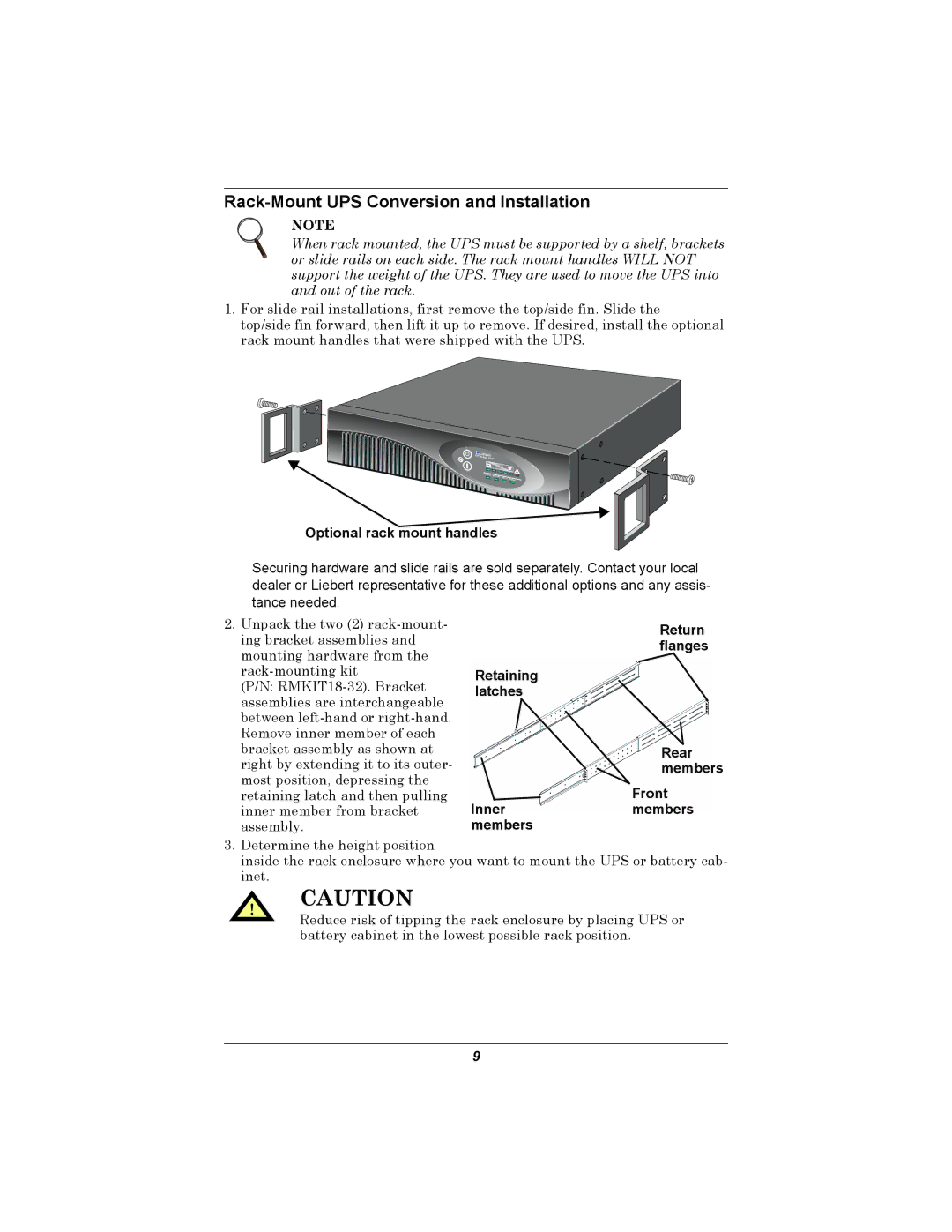 Emerson GXT2U user manual Rack-Mount UPS Conversion and Installation, Optional rack mount handles 