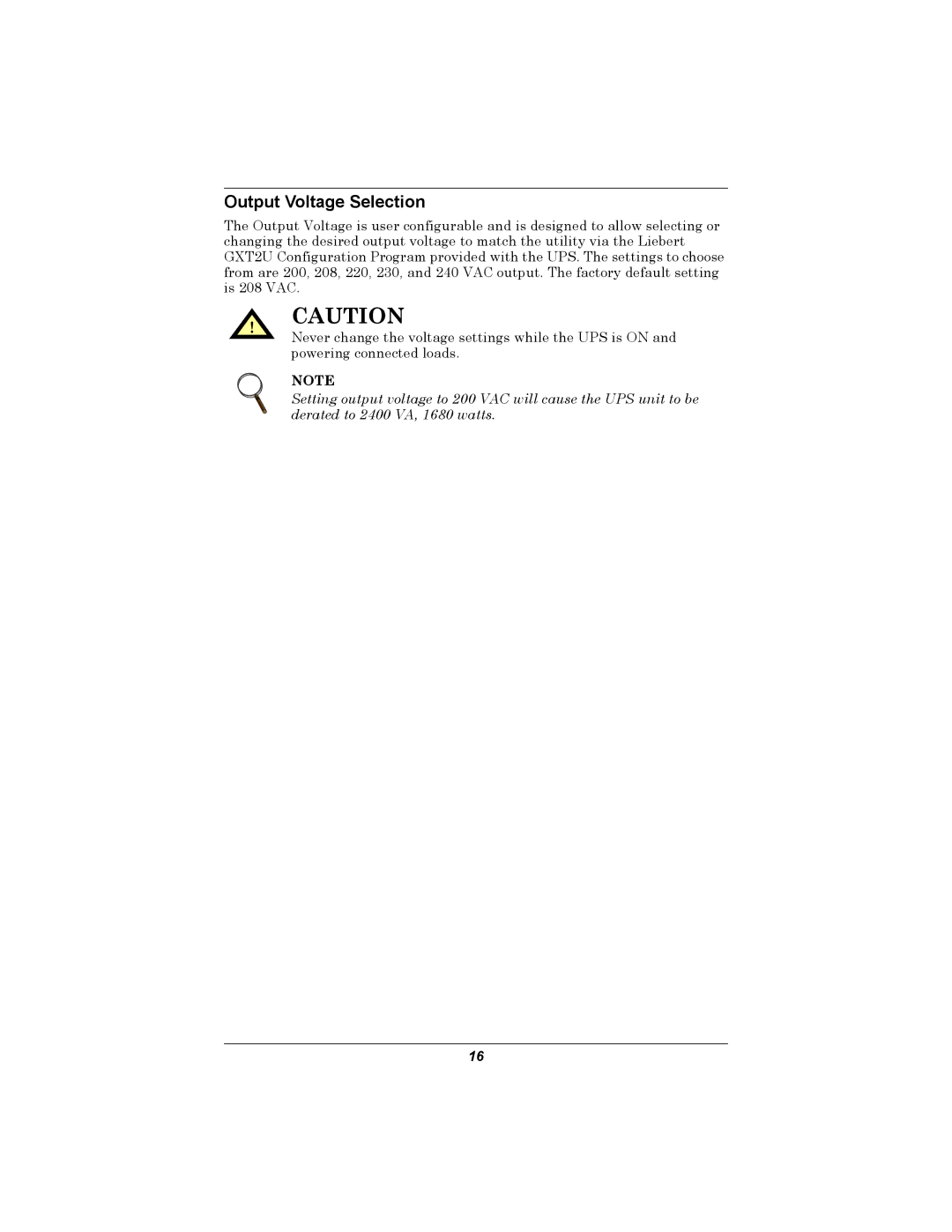 Emerson GXT2U user manual Output Voltage Selection 