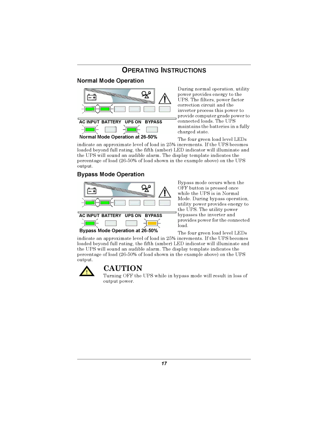 Emerson GXT2U user manual Operating Instructions, Normal Mode Operation, Bypass Mode Operation 