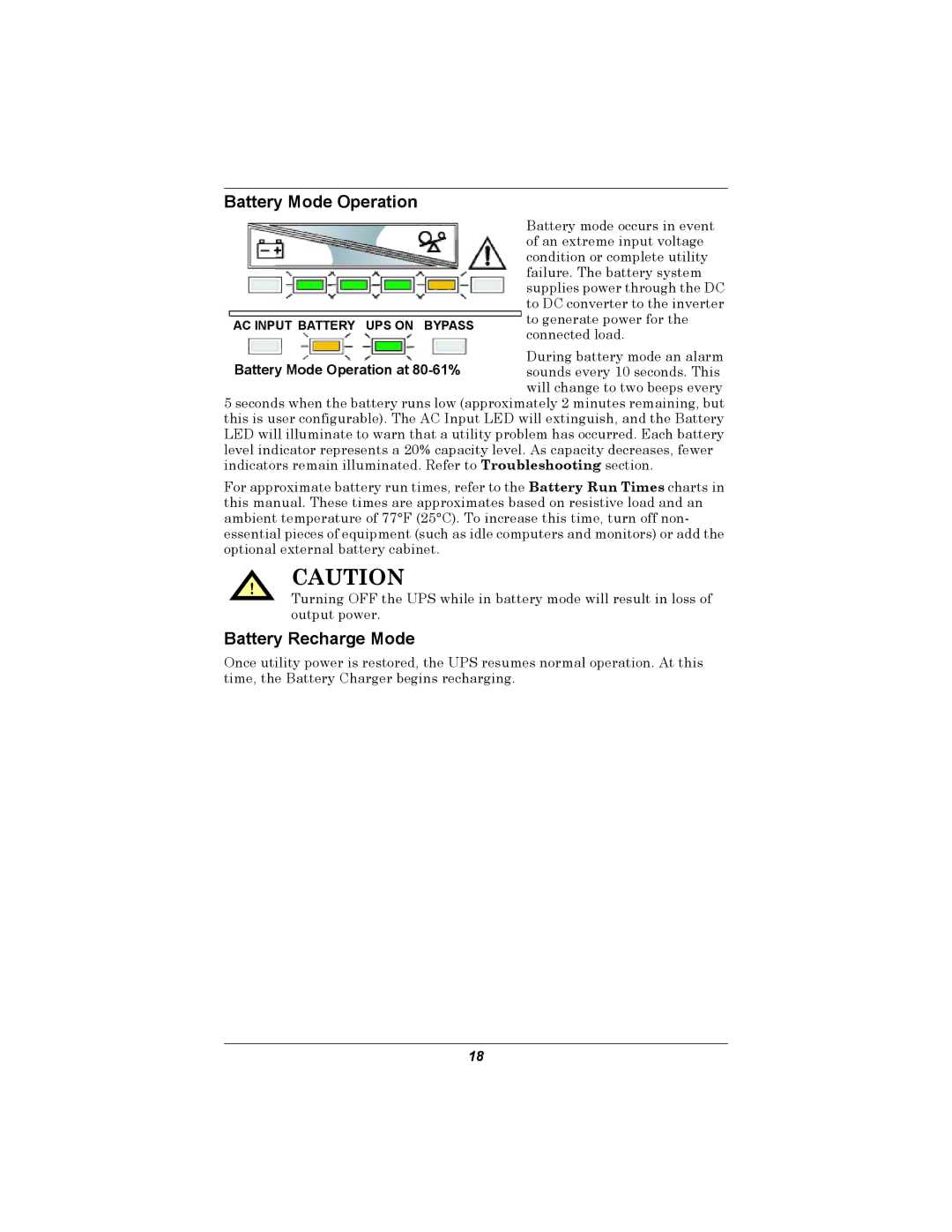 Emerson GXT2U user manual Battery Mode Operation, Battery Recharge Mode 