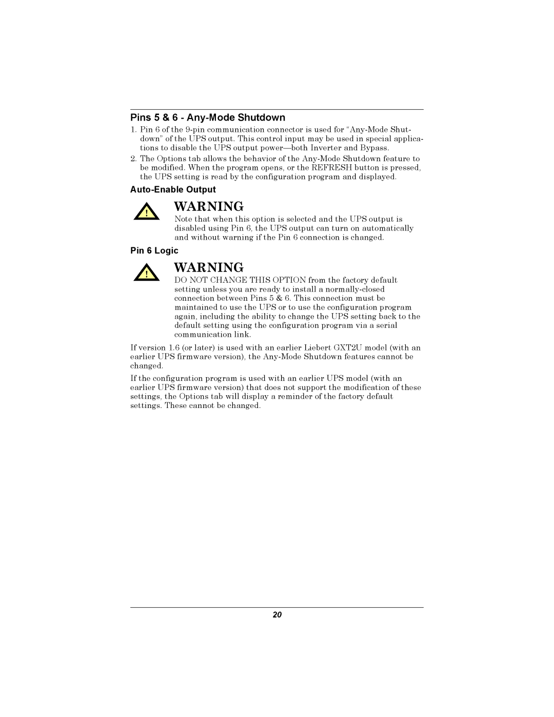 Emerson GXT2U user manual Pins 5 & 6 Any-Mode Shutdown, Auto-Enable Output Pin 6 Logic 