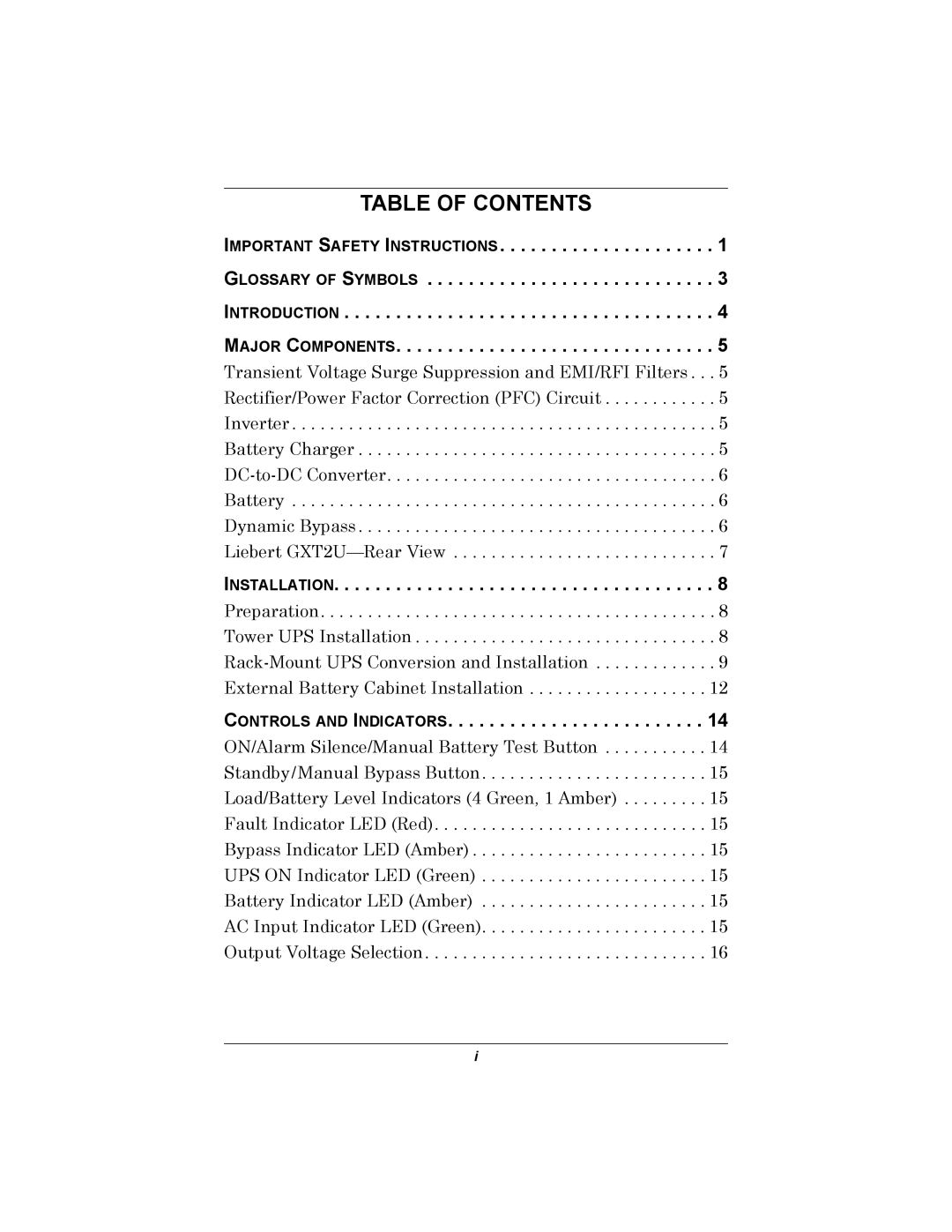 Emerson GXT2U user manual Table of Contents 