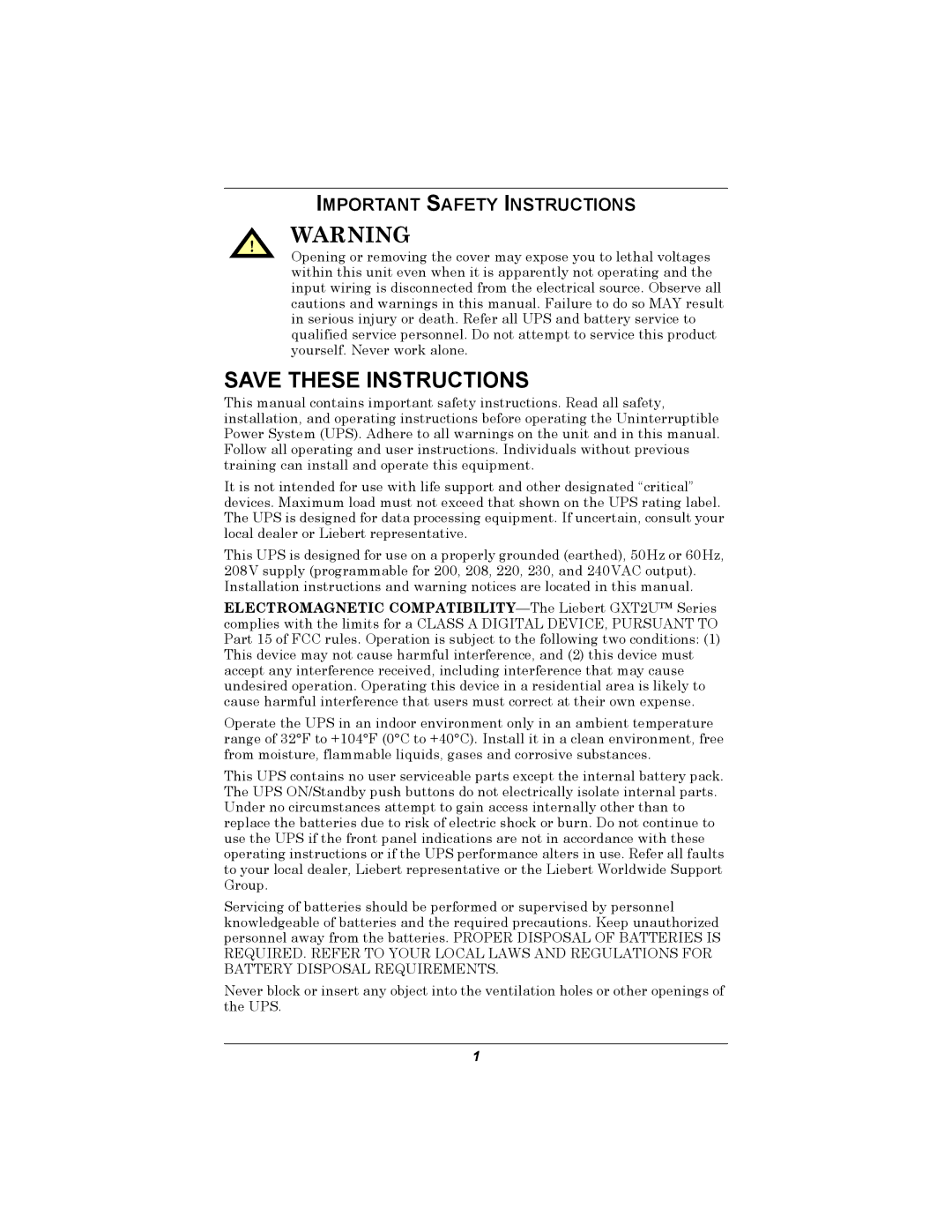 Emerson GXT2U user manual Important Safety Instructions 