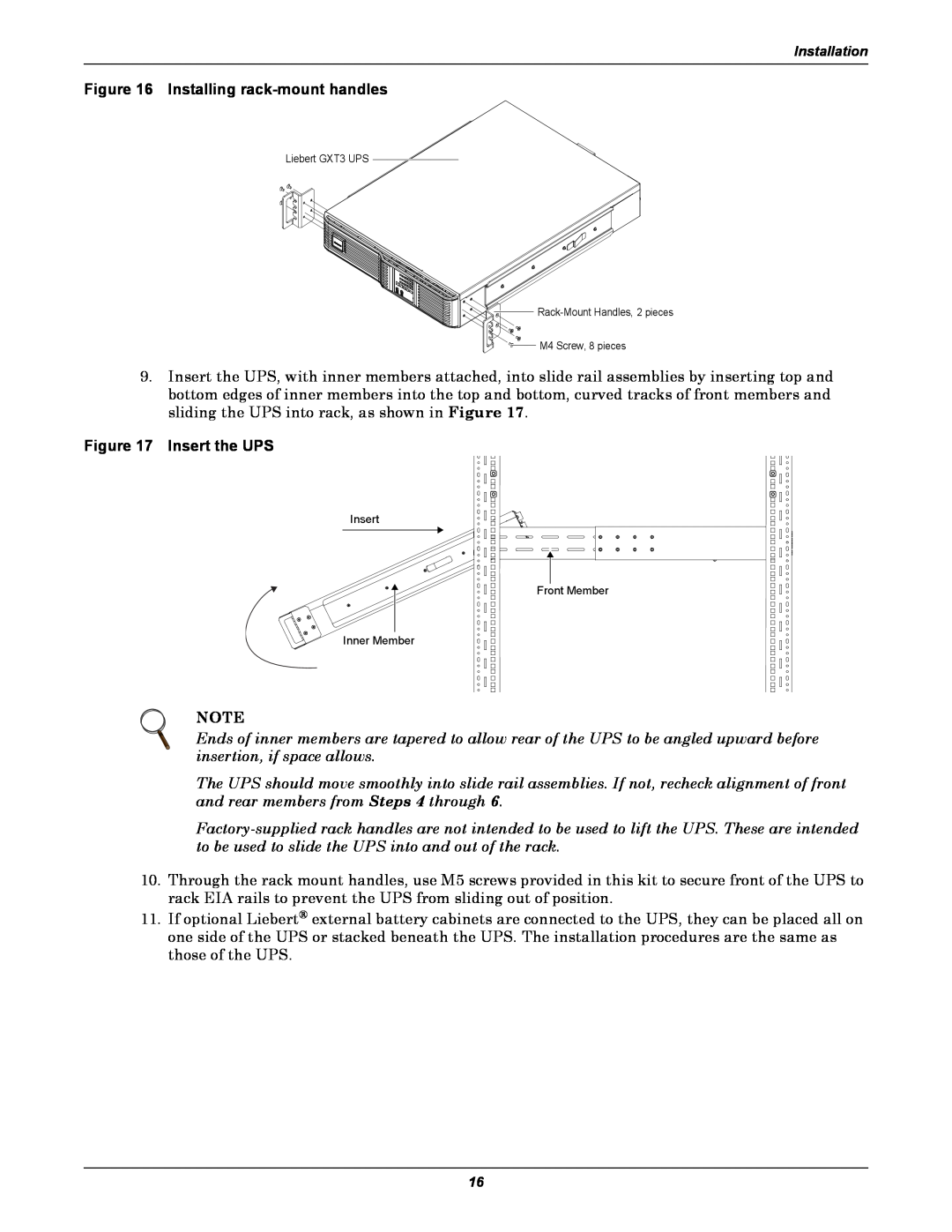 Emerson GXT3, 208V user manual Installing rack-mount handles, Insert the UPS, Insert Inner Member, Front Member 