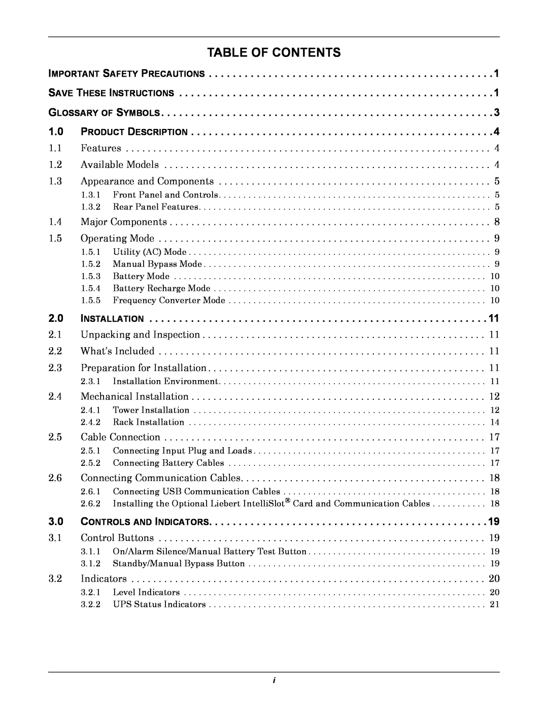 Emerson 208V, GXT3 user manual Table Of Contents, Important Safety Precautions Save These Instructions, Installation 