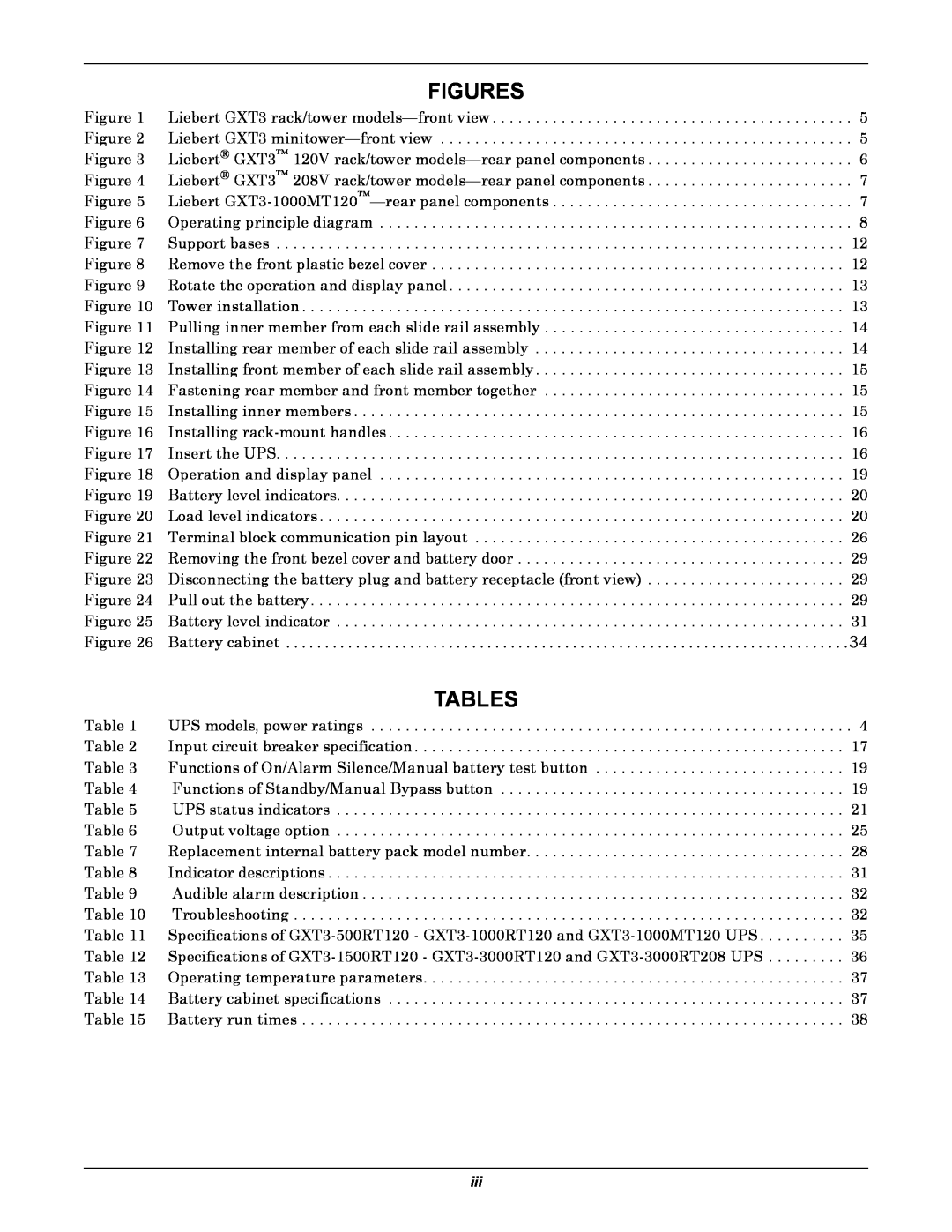 Emerson 208V, GXT3 user manual Figures, Tables 