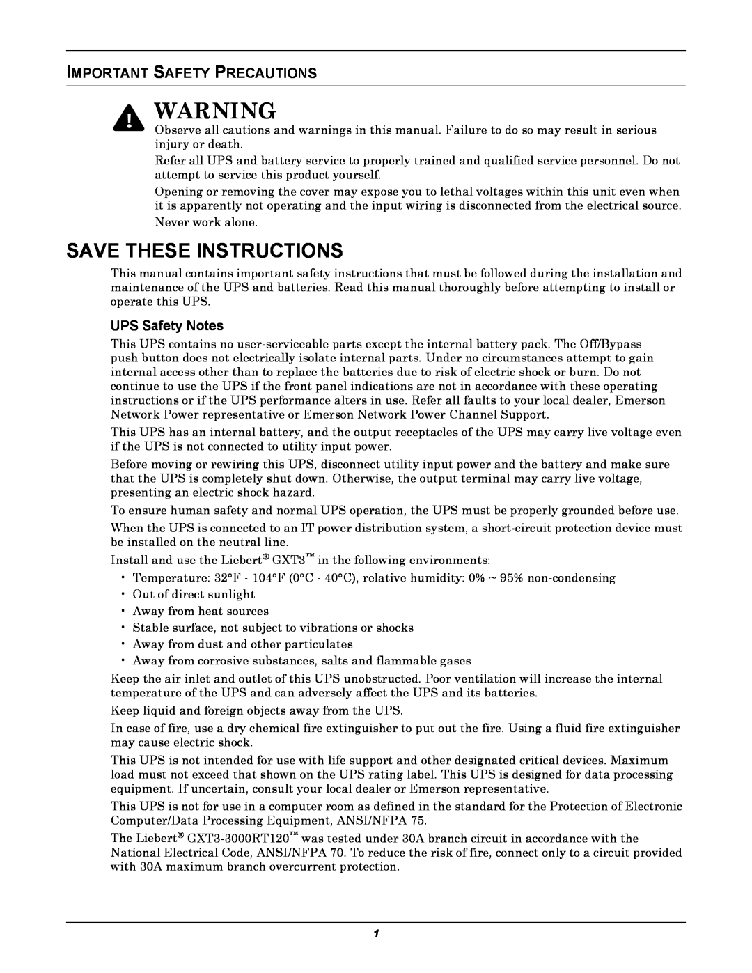 Emerson 208V, GXT3 user manual Important Safety Precautions, UPS Safety Notes, Save These Instructions 