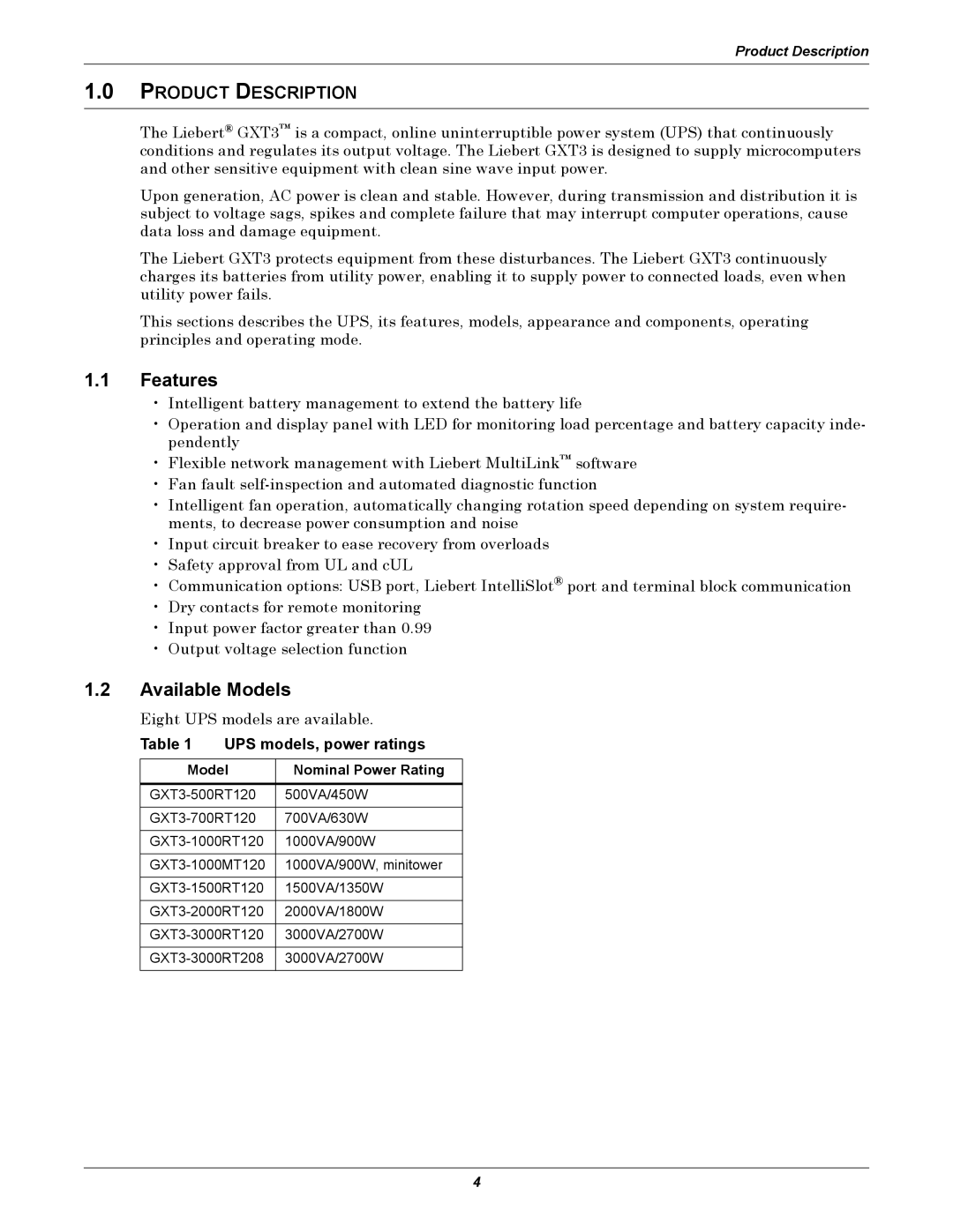 Emerson GXT3, 208V Features, Available Models, Product Description, UPS models, power ratings, Model Nominal Power Rating 