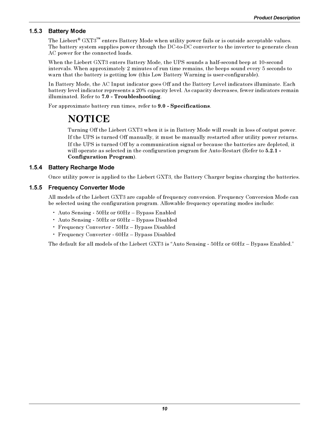 Emerson GXT3, 208V user manual Battery Mode, Battery Recharge Mode, Frequency Converter Mode 